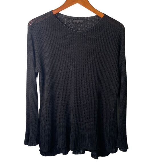 It Is Well LA Pointelle Long Bell Sleeve High-Lo Ribbed Sweater Top Open Knit - Picture 1 of 14